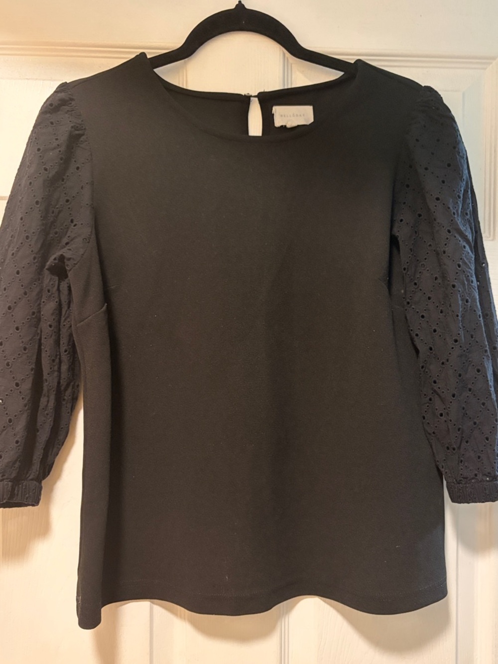 Black Eyelet Sleeve Blouse with Puff Detail